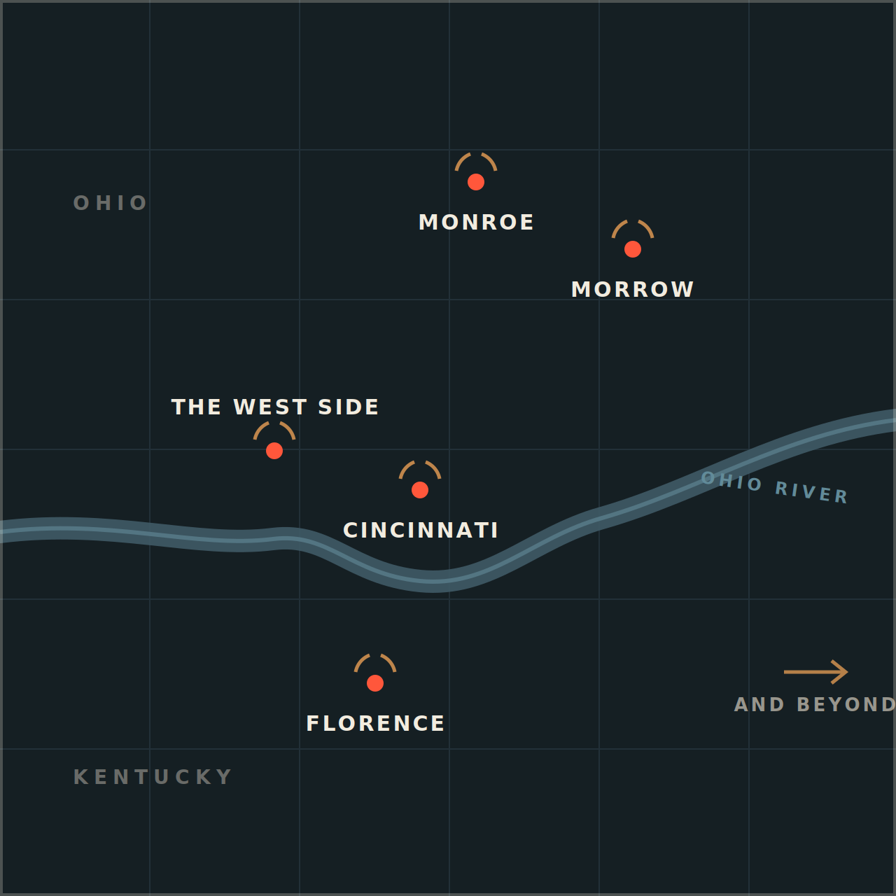 Map of Greater Cincinnati and Northern Kentucky marking the West Side, Monroe, Morrow, Cincinnati and Florence, where Cincy Digital clients are