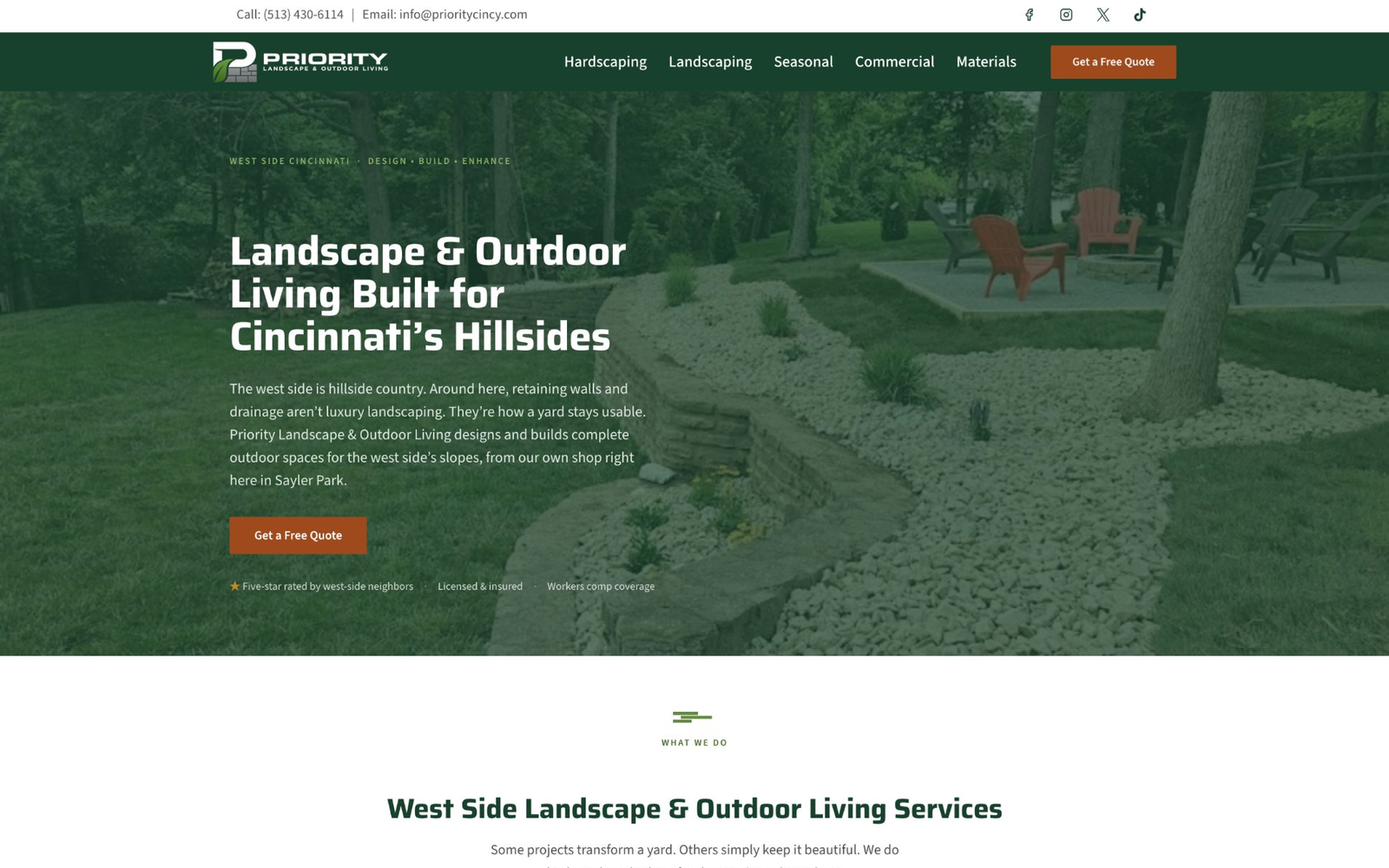 Landscaping website design Cincinnati: the Priority Landscape and Outdoor Living homepage as delivered