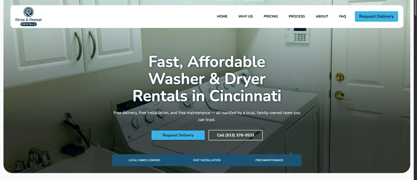 New business website Cincinnati: the Rinse and Repeat Rentals homepage