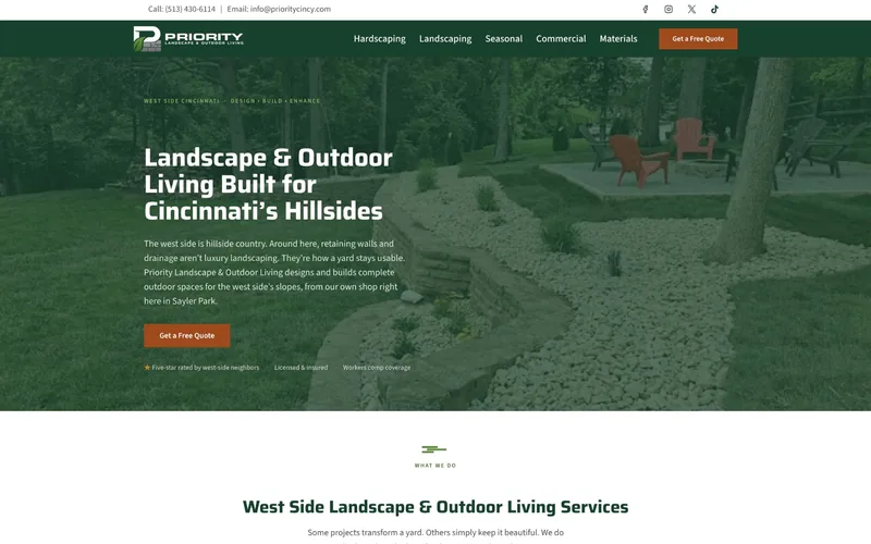 Priority Landscape and Outdoor Living homepage, Cincinnati west side landscaping website